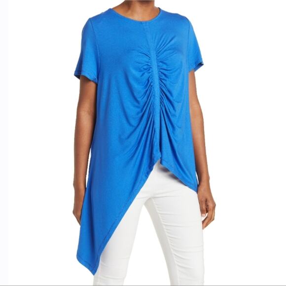 Patrizia Luca Blue Ruched High Low Short Sleeve Relaxed Womens Blouse Size Small - Picture 2 of 6
